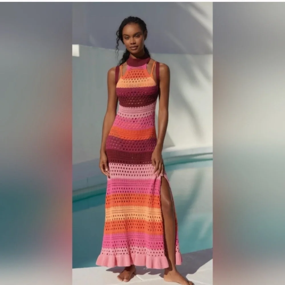 Anthropologie Rainbow Halter Mock neck crochet cover up dress - Picture 2 of 6